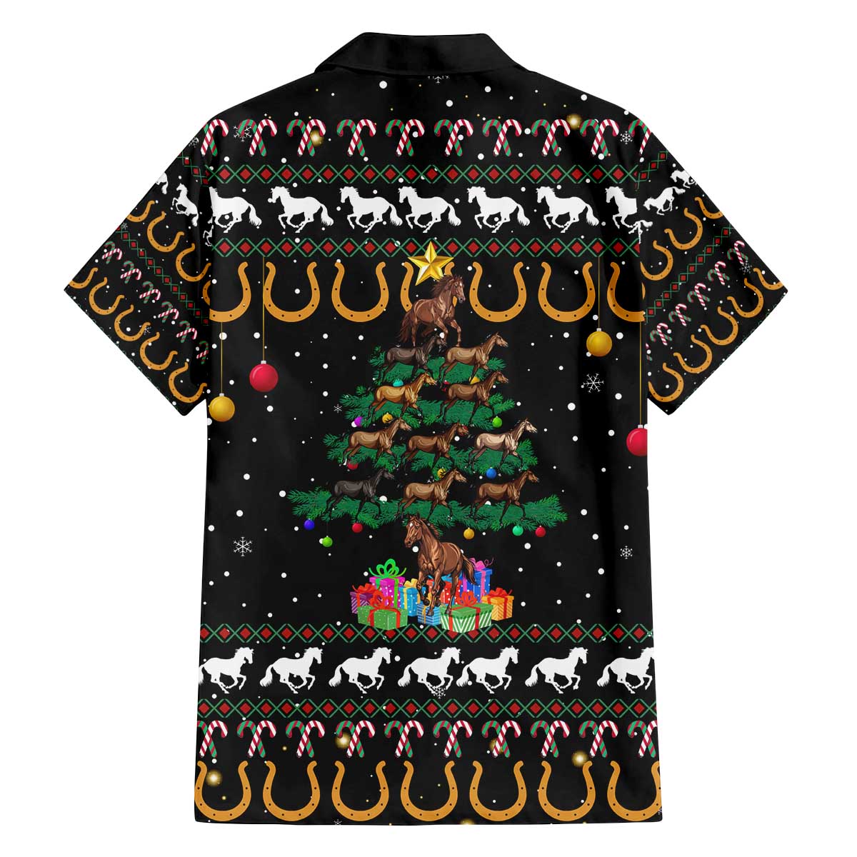 Horse Christmas Tree Christmas Design Family Matching Off The Shoulder Long Sleeve Dress and Hawaiian Shirt Xmas Holiday Patterns - Wonder Print Shop