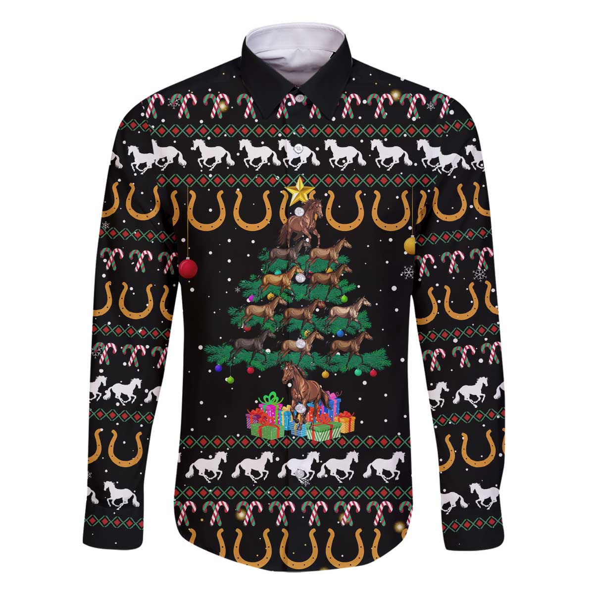 Horse Christmas Tree Christmas Design Family Matching Off The Shoulder Long Sleeve Dress and Hawaiian Shirt Xmas Holiday Patterns - Wonder Print Shop