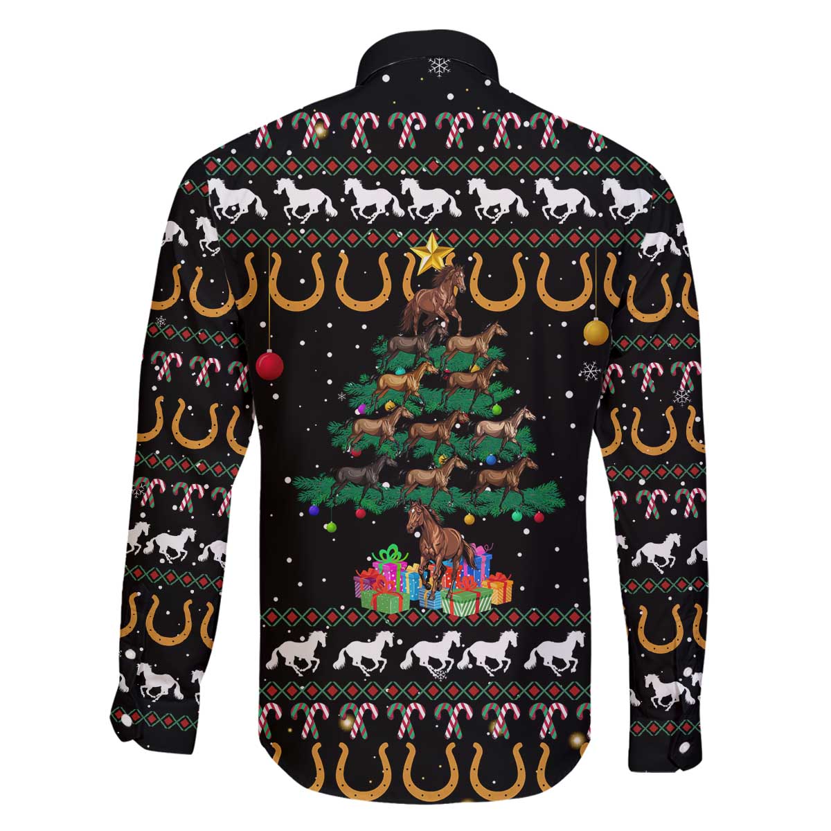 Horse Christmas Tree Christmas Design Family Matching Off The Shoulder Long Sleeve Dress and Hawaiian Shirt Xmas Holiday Patterns - Wonder Print Shop