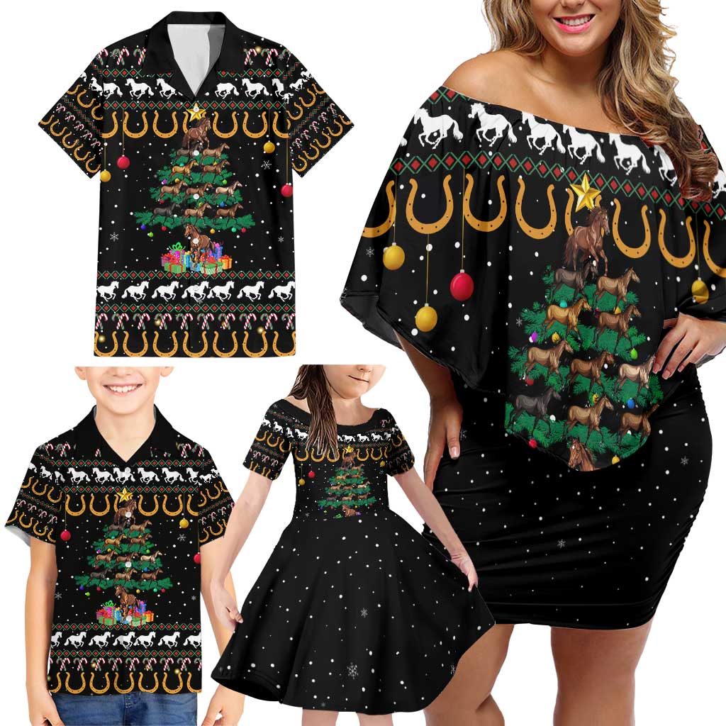 Horse Christmas Tree Christmas Design Family Matching Off Shoulder Short Dress and Hawaiian Shirt Xmas Holiday Patterns - Wonder Print Shop