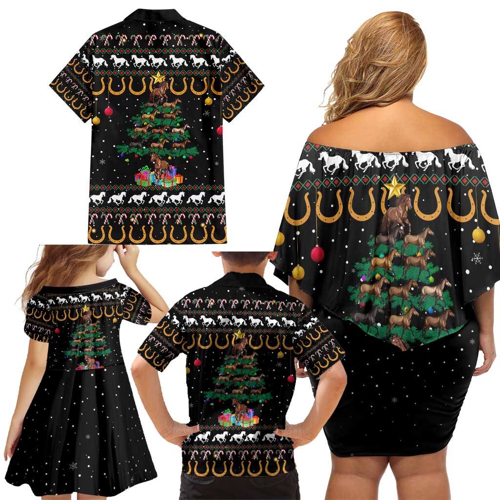 Horse Christmas Tree Christmas Design Family Matching Off Shoulder Short Dress and Hawaiian Shirt Xmas Holiday Patterns - Wonder Print Shop