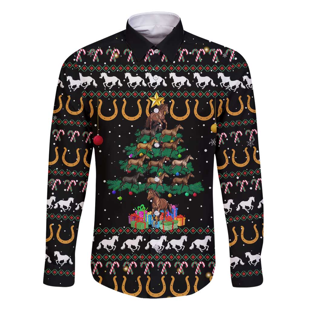 Horse Christmas Tree Christmas Design Family Matching Off Shoulder Short Dress and Hawaiian Shirt Xmas Holiday Patterns - Wonder Print Shop
