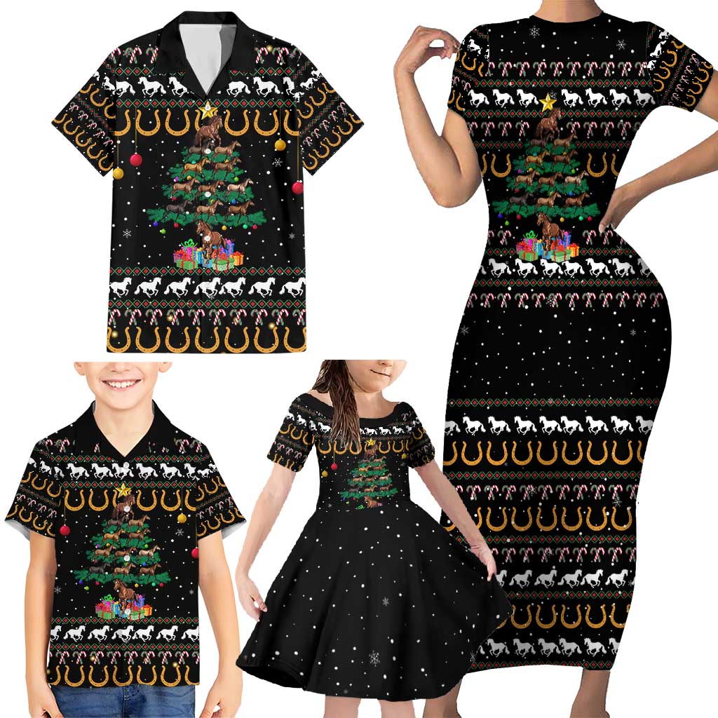 Horse Christmas Tree Christmas Design Family Matching Short Sleeve Bodycon Dress and Hawaiian Shirt Xmas Holiday Patterns - Wonder Print Shop