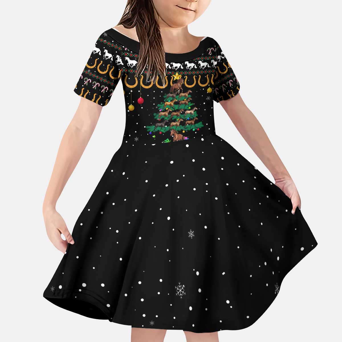 Horse Christmas Tree Christmas Design Kid Short Sleeve Dress Xmas Holiday Patterns - Wonder Print Shop
