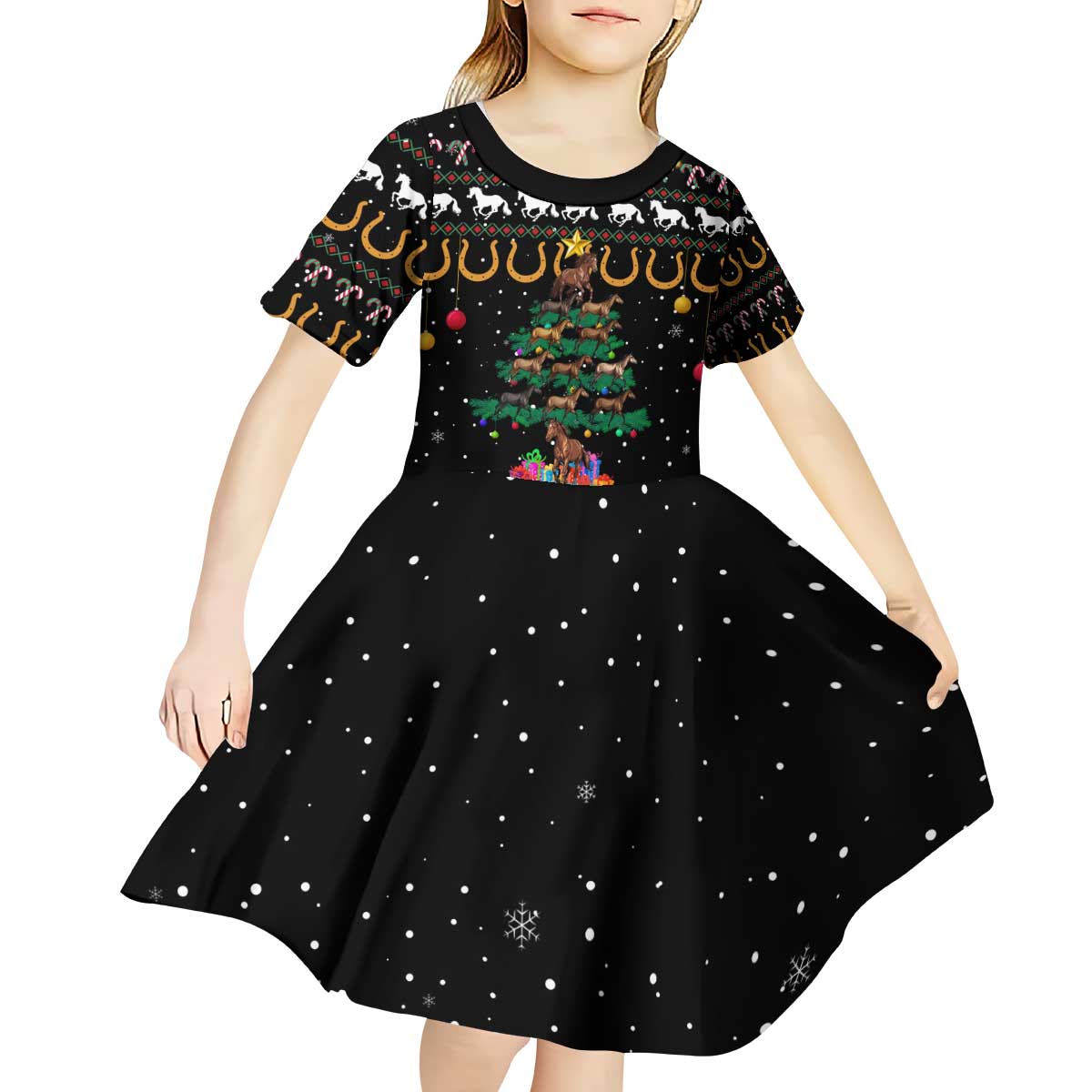 Horse Christmas Tree Christmas Design Kid Short Sleeve Dress Xmas Holiday Patterns - Wonder Print Shop