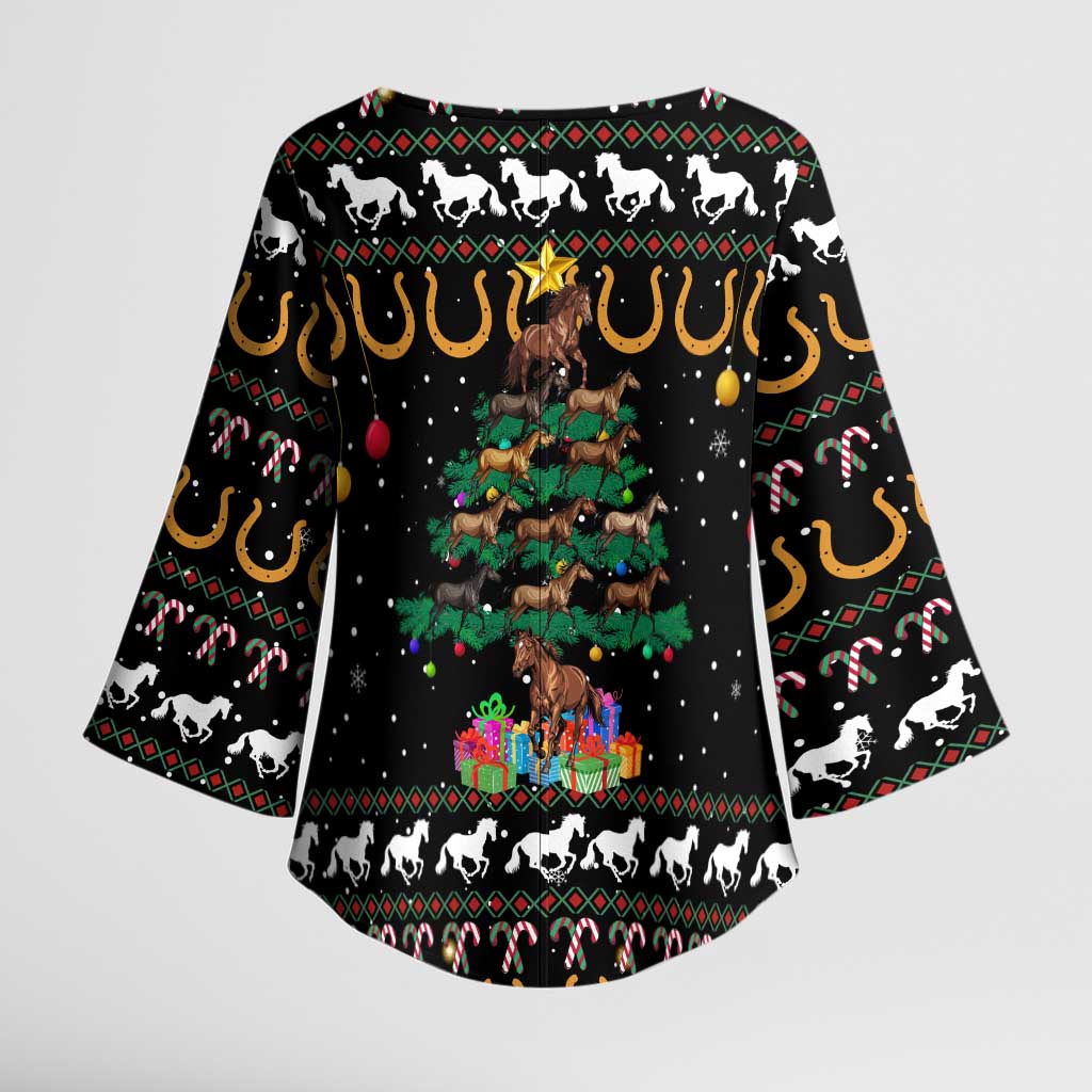 Horse Christmas Tree Christmas Design Kimono Sleeve Blouse Xmas Holiday Patterns - Wonder Print Shop