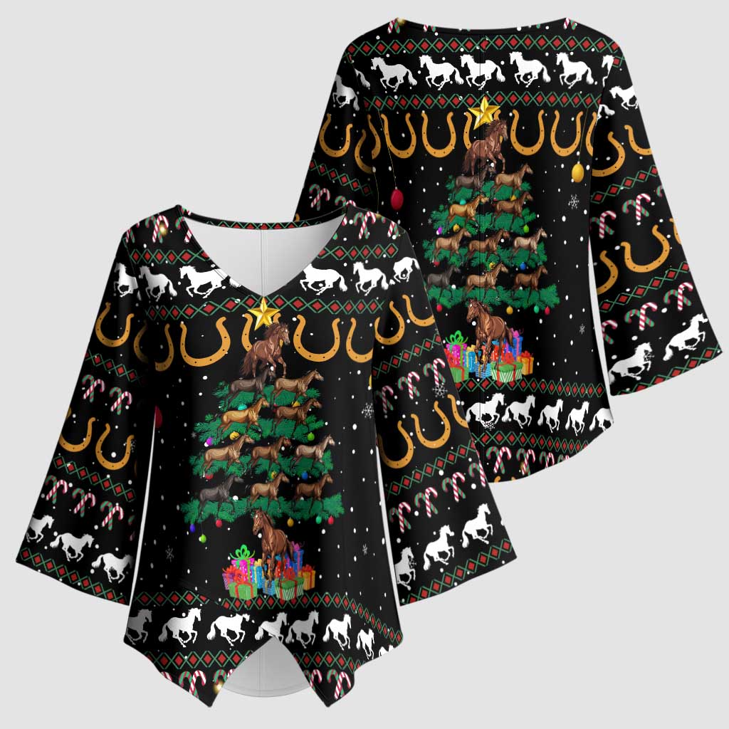Horse Christmas Tree Christmas Design Kimono Sleeve Blouse Xmas Holiday Patterns - Wonder Print Shop
