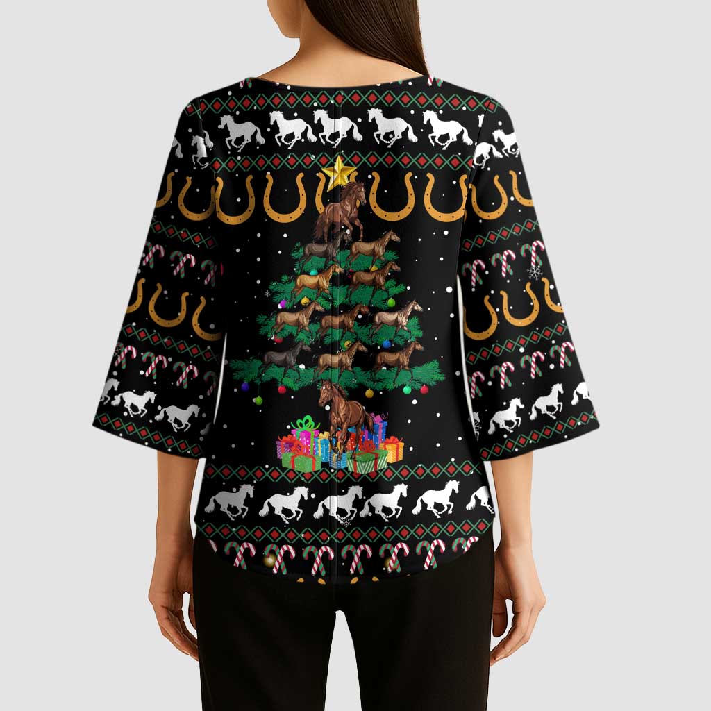 Horse Christmas Tree Christmas Design Kimono Sleeve Blouse Xmas Holiday Patterns - Wonder Print Shop