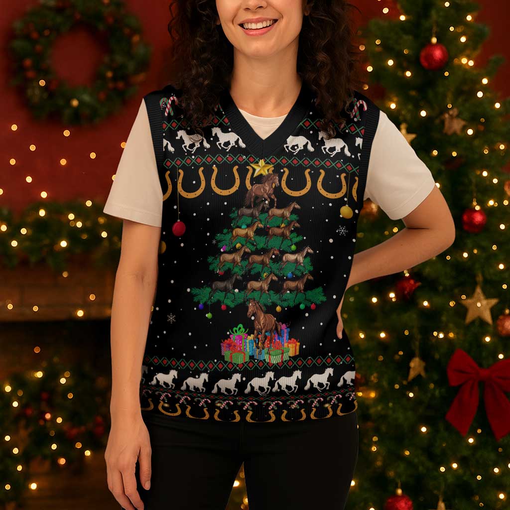 Horse Christmas Tree Christmas Design Christmas Knitted V-Neck Vest Xmas Holiday Patterns - Wonder Print Shop