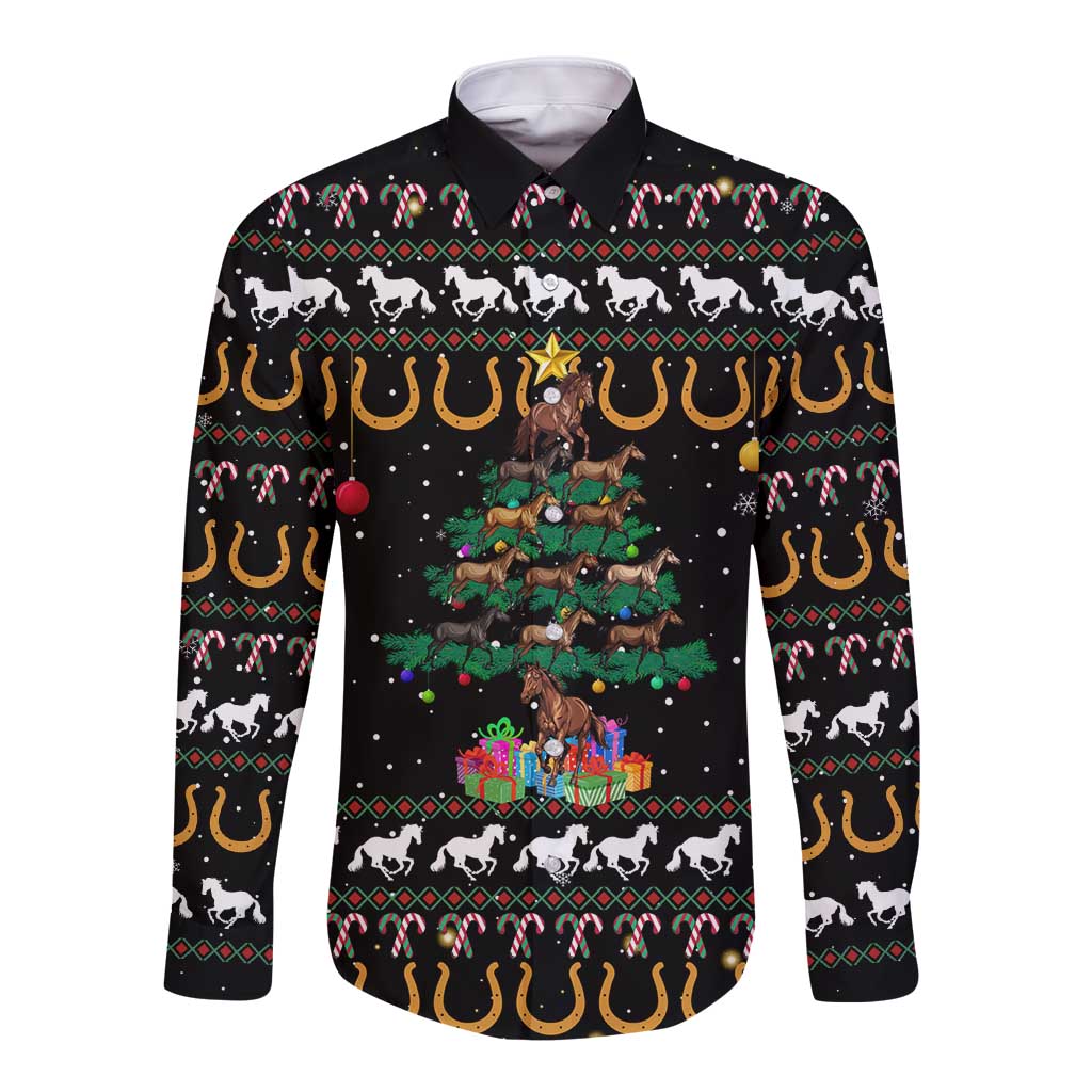 Horse Christmas Tree Christmas Design Long Sleeve Button Shirt Xmas Holiday Patterns - Wonder Print Shop