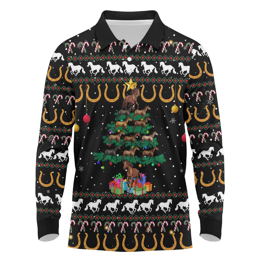 Horse Christmas Tree Christmas Design Long Sleeve Polo Shirt Xmas Holiday Patterns - Wonder Print Shop