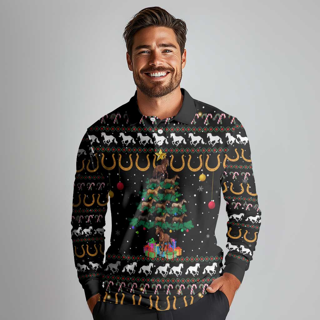 Horse Christmas Tree Christmas Design Long Sleeve Polo Shirt Xmas Holiday Patterns - Wonder Print Shop