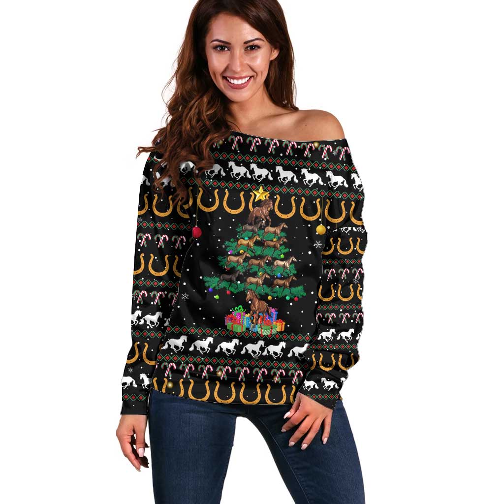Horse Christmas Tree Christmas Design Off Shoulder Sweater Xmas Holiday Patterns - Wonder Print Shop