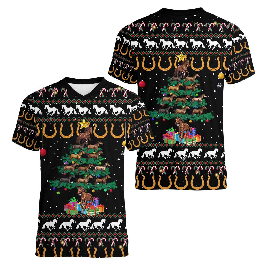 Horse Christmas Tree Christmas Design Women V-Neck T-Shirt Xmas Holiday Patterns - Wonder Print Shop