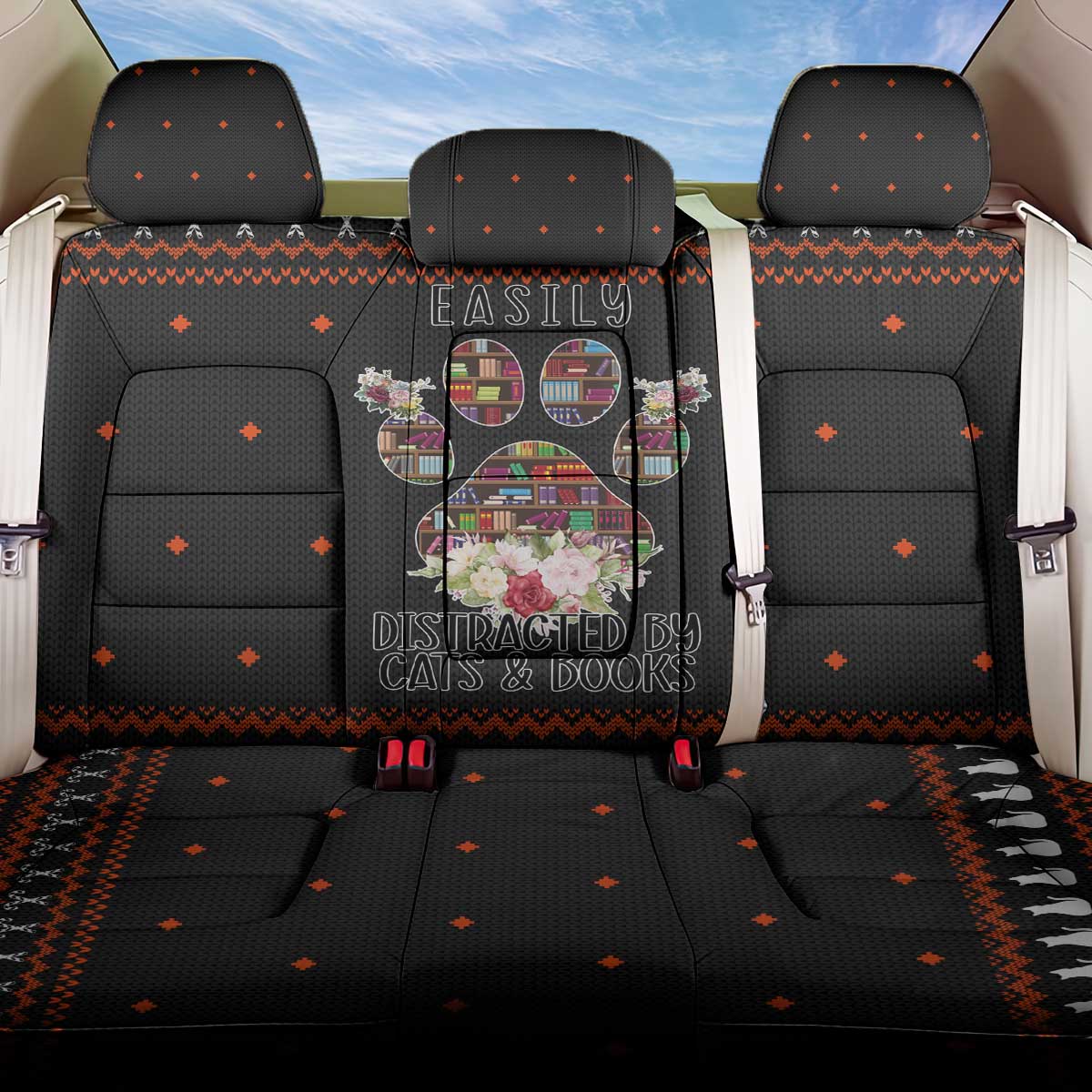 Cat And Books Christmas Back Car Seat Cover Xmas Holiday Patterns - Wonder Print Shop