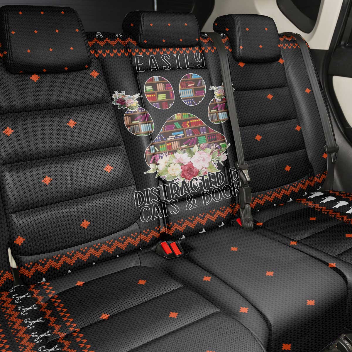 Cat And Books Christmas Back Car Seat Cover Xmas Holiday Patterns - Wonder Print Shop