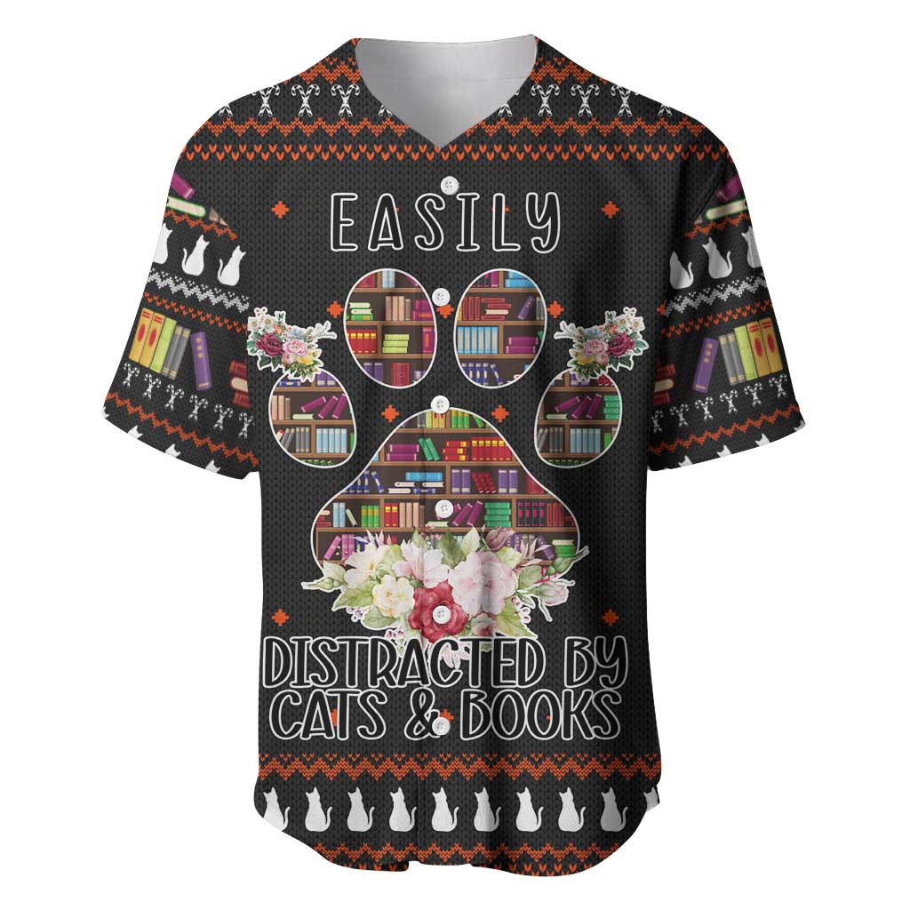 Cat And Books Christmas Baseball Jersey Xmas Holiday Patterns - Wonder Print Shop
