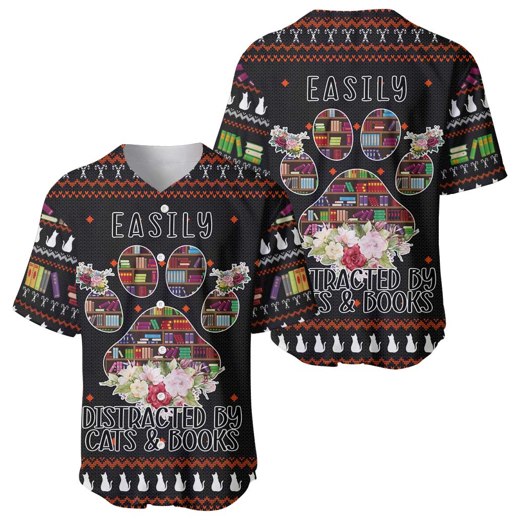 Cat And Books Christmas Baseball Jersey Xmas Holiday Patterns - Wonder Print Shop
