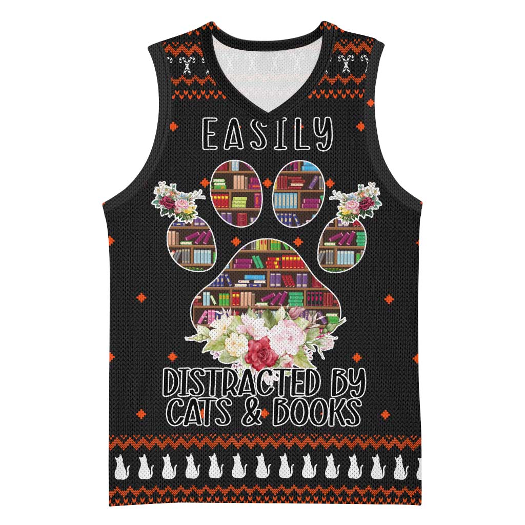 Cat And Books Christmas Basketball Jersey Xmas Holiday Patterns - Wonder Print Shop