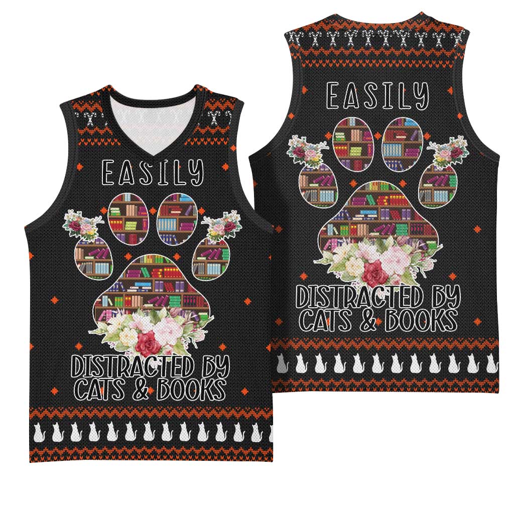 Cat And Books Christmas Basketball Jersey Xmas Holiday Patterns - Wonder Print Shop