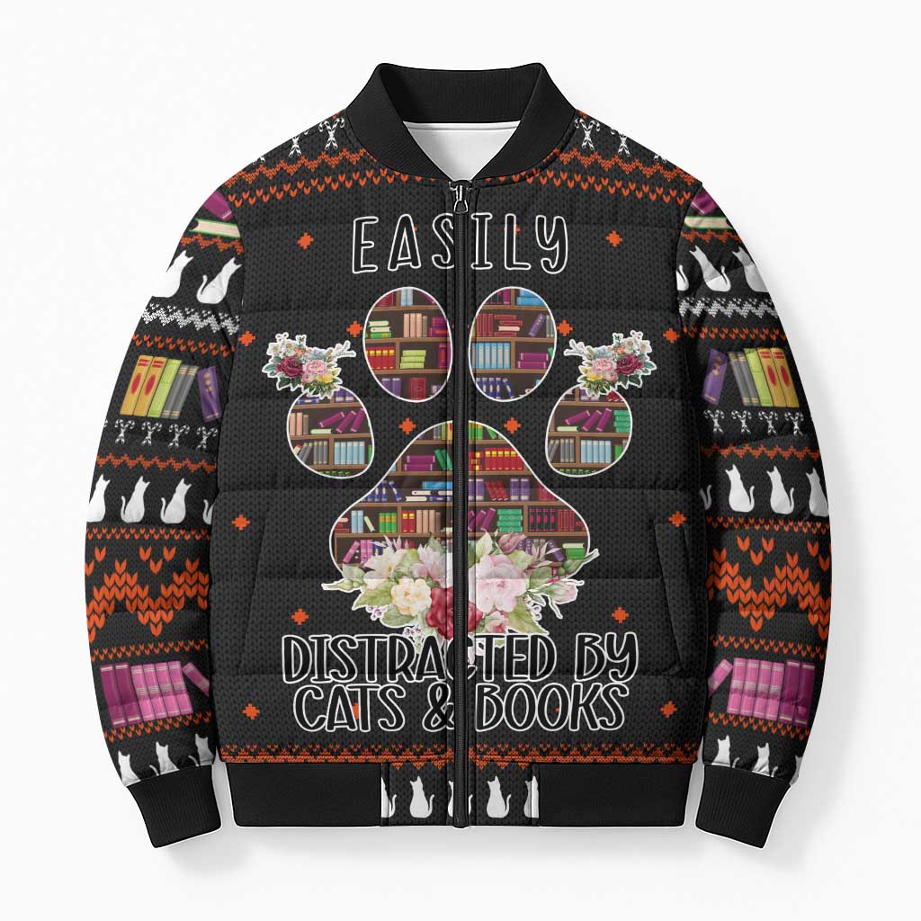 Cat And Books Christmas Bomber Puffer Jacket Xmas Holiday Patterns - Wonder Print Shop