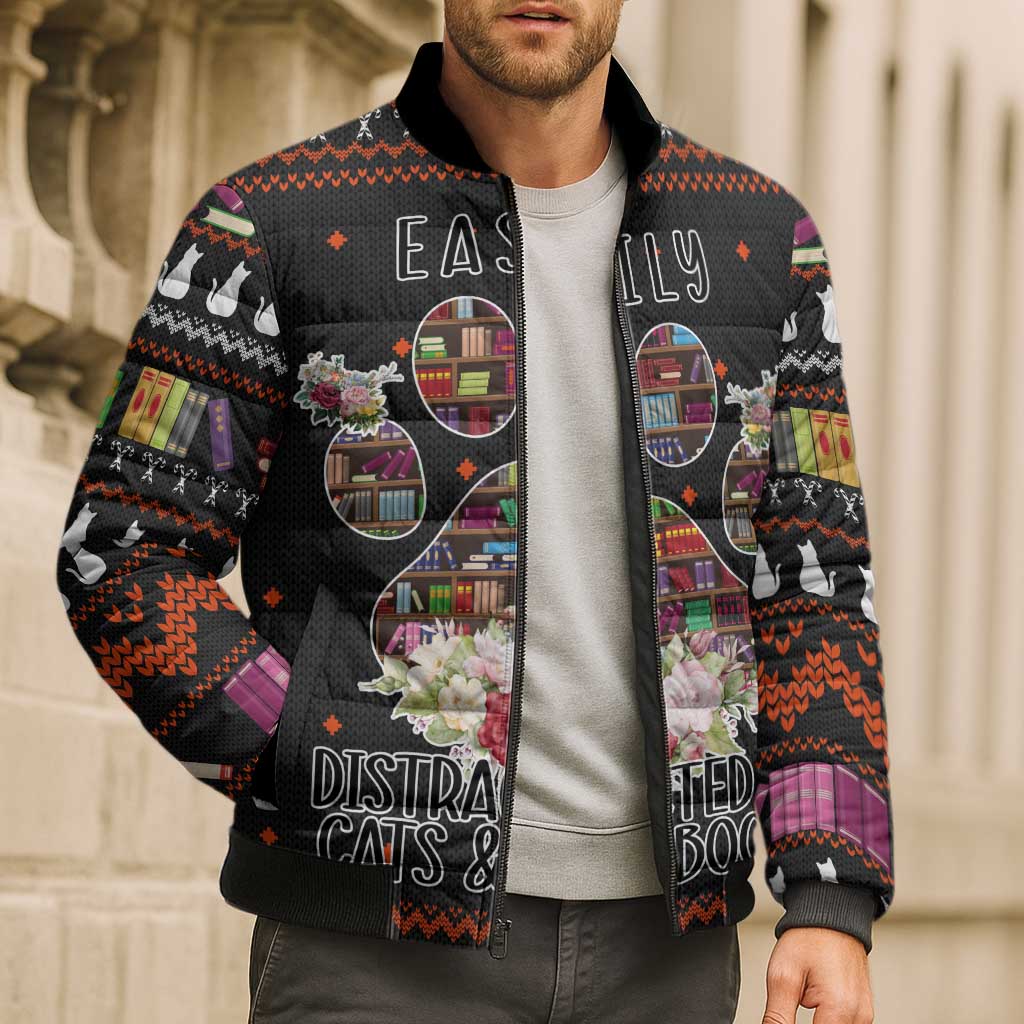 Cat And Books Christmas Bomber Puffer Jacket Xmas Holiday Patterns - Wonder Print Shop