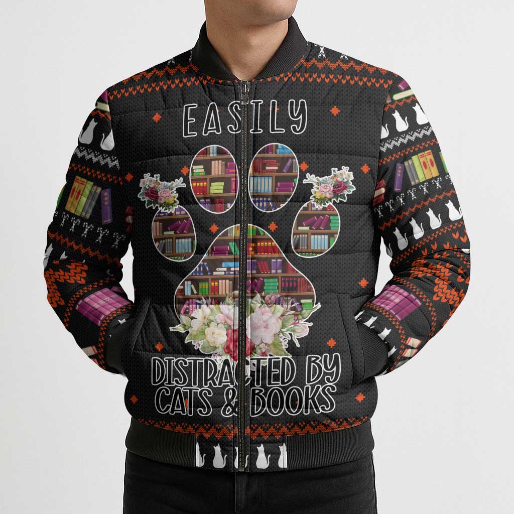 Cat And Books Christmas Bomber Puffer Jacket Xmas Holiday Patterns - Wonder Print Shop