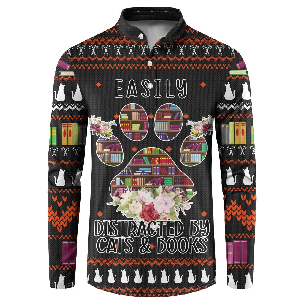 Cat And Books Christmas Button Sweatshirt Xmas Holiday Patterns - Wonder Print Shop