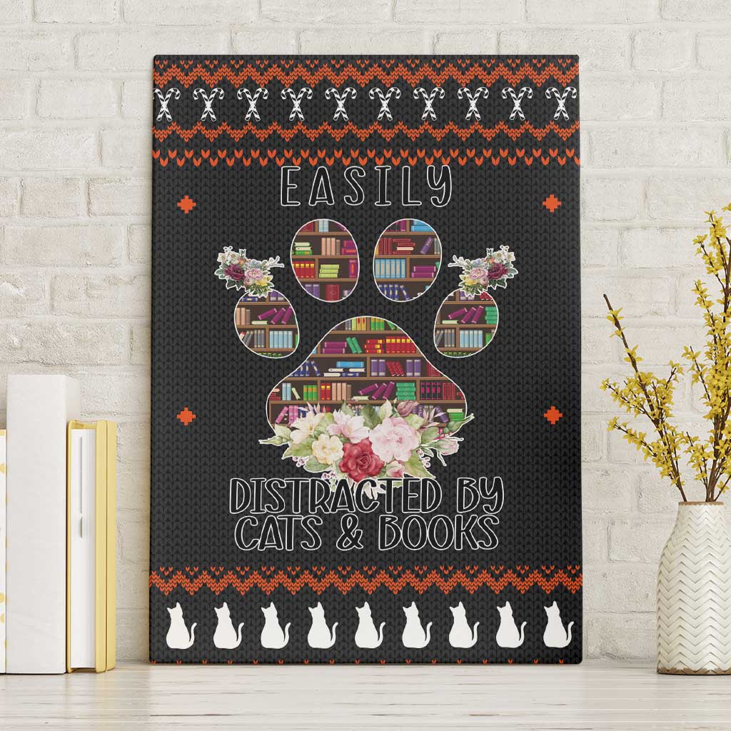 Cat And Books Christmas Canvas Wall Art Xmas Holiday Patterns - Wonder Print Shop