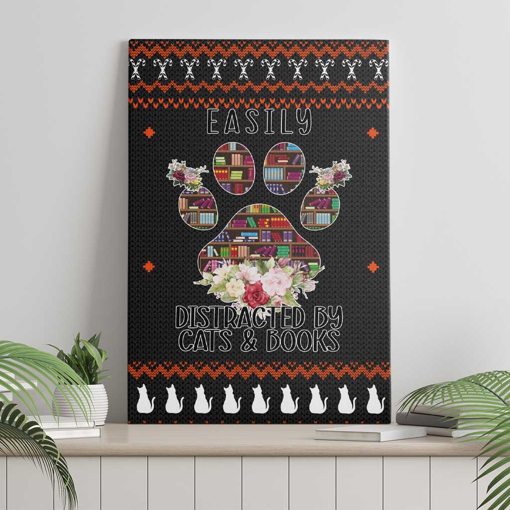 Cat And Books Christmas Canvas Wall Art Xmas Holiday Patterns - Wonder Print Shop