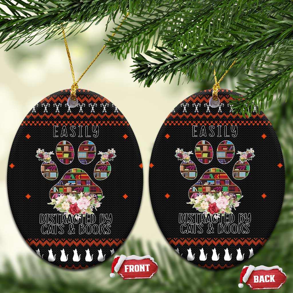Cat And Books Christmas Ceramic Ornament Xmas Holiday Patterns - Wonder Print Shop