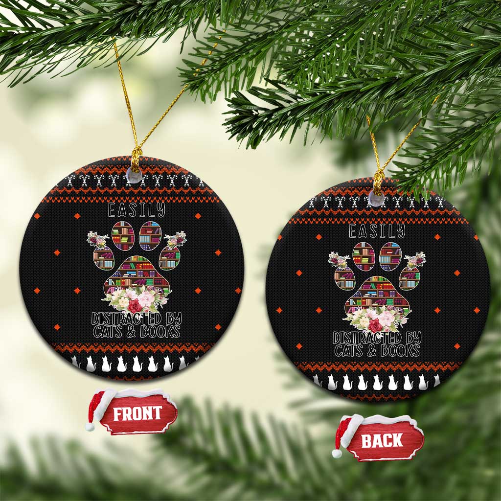 Cat And Books Christmas Ceramic Ornament Xmas Holiday Patterns - Wonder Print Shop