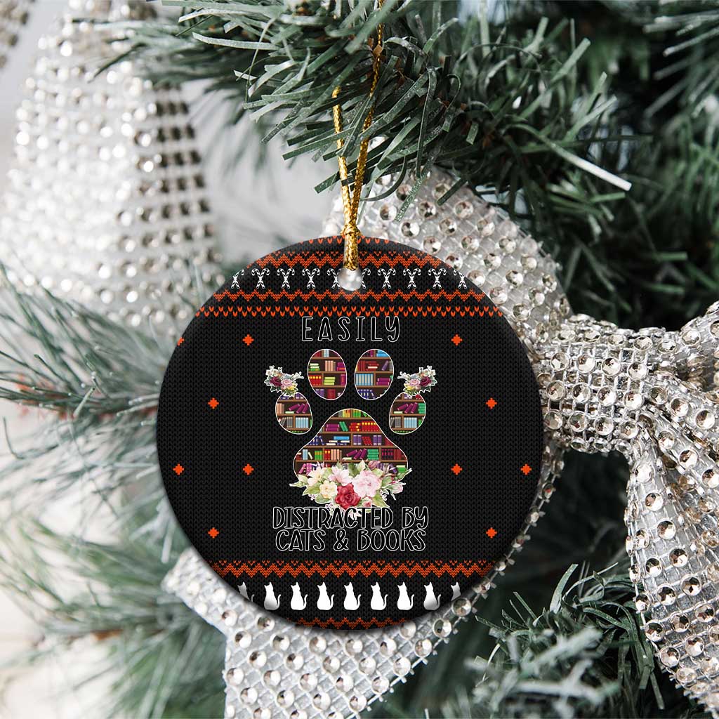 Cat And Books Christmas Ceramic Ornament Xmas Holiday Patterns - Wonder Print Shop