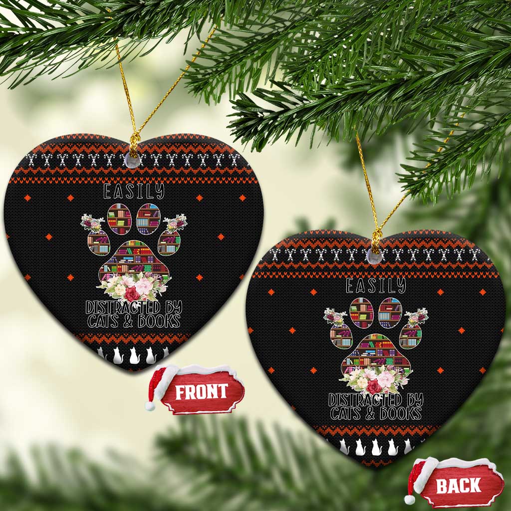 Cat And Books Christmas Ceramic Ornament Xmas Holiday Patterns - Wonder Print Shop