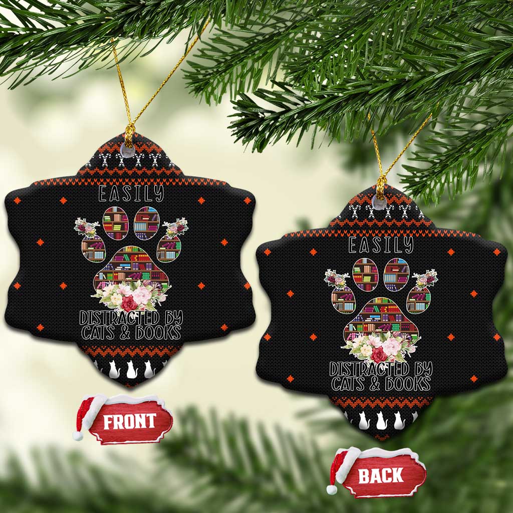 Cat And Books Christmas Ceramic Ornament Xmas Holiday Patterns - Wonder Print Shop
