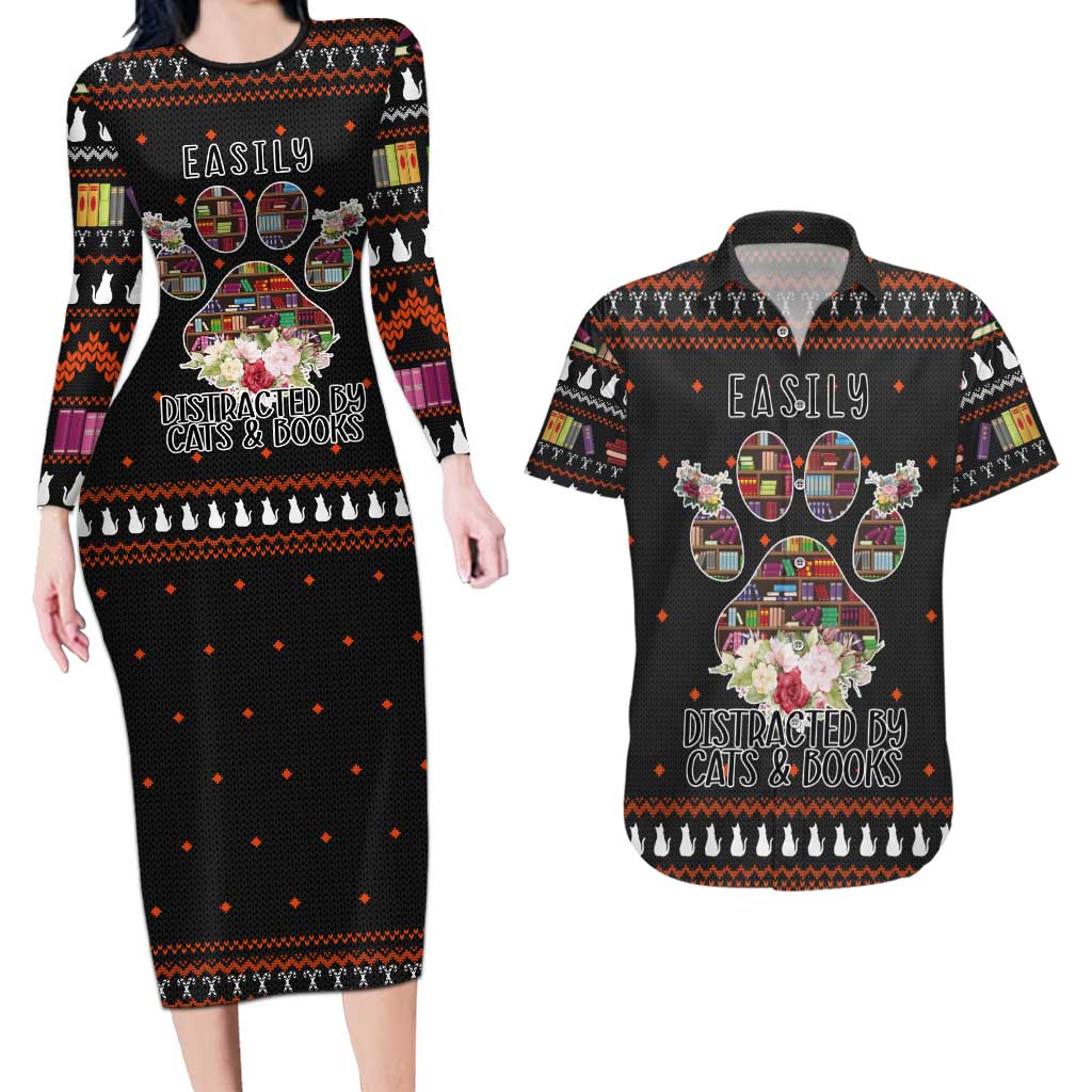 Cat And Books Christmas Couples Matching Long Sleeve Bodycon Dress and Hawaiian Shirt Xmas Holiday Patterns - Wonder Print Shop
