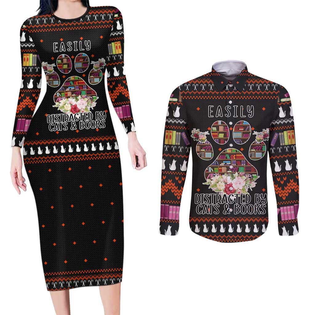 Cat And Books Christmas Couples Matching Long Sleeve Bodycon Dress and Long Sleeve Button Shirt Xmas Holiday Patterns - Wonder Print Shop