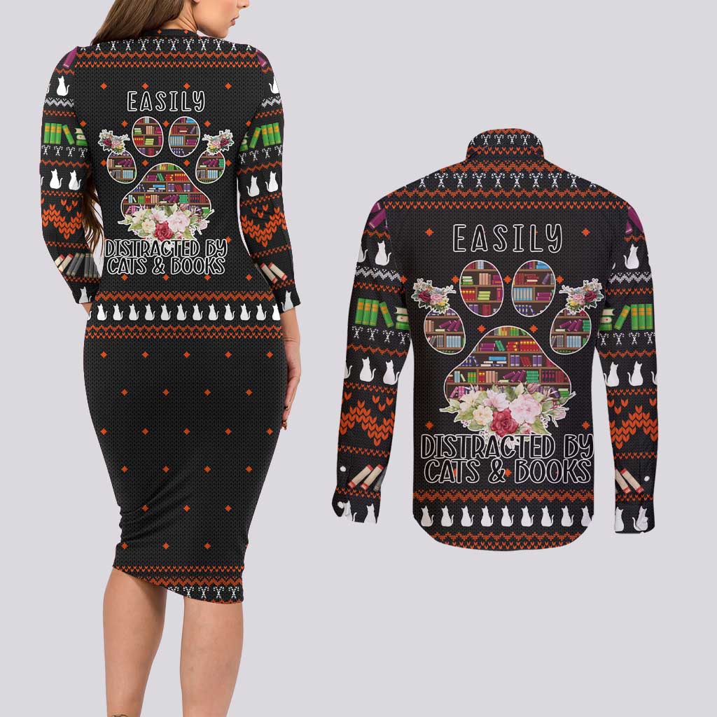 Cat And Books Christmas Couples Matching Long Sleeve Bodycon Dress and Long Sleeve Button Shirt Xmas Holiday Patterns - Wonder Print Shop