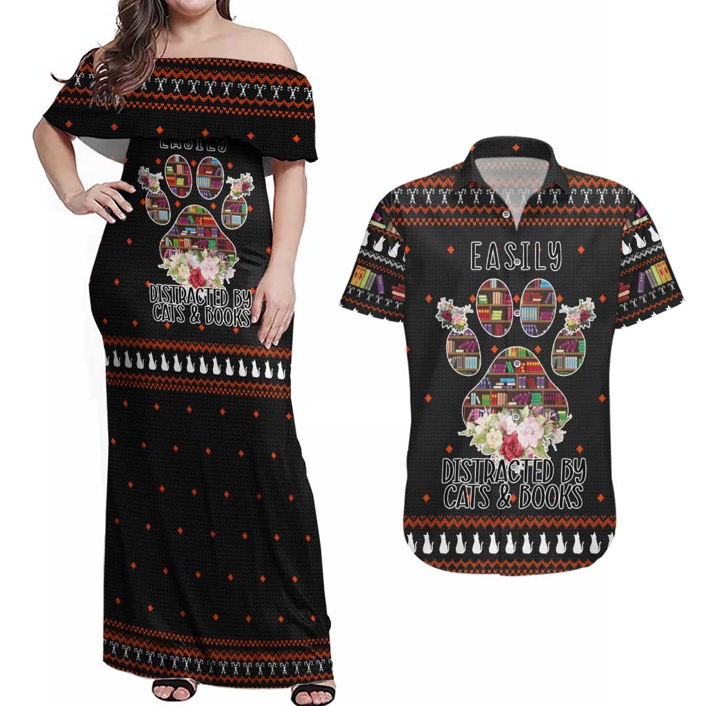 Cat And Books Christmas Couples Matching Off Shoulder Maxi Dress and Hawaiian Shirt Xmas Holiday Patterns - Wonder Print Shop