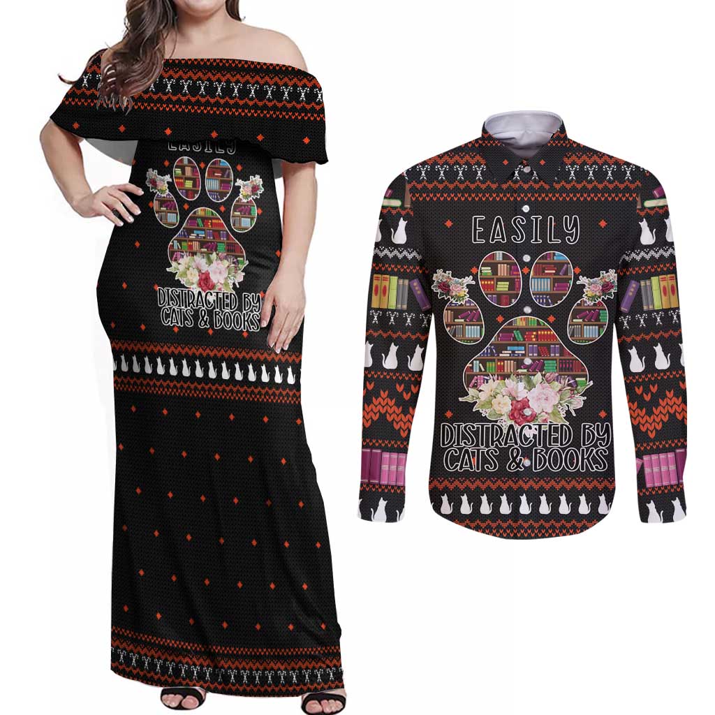 Cat And Books Christmas Couples Matching Off Shoulder Maxi Dress and Long Sleeve Button Shirt Xmas Holiday Patterns - Wonder Print Shop