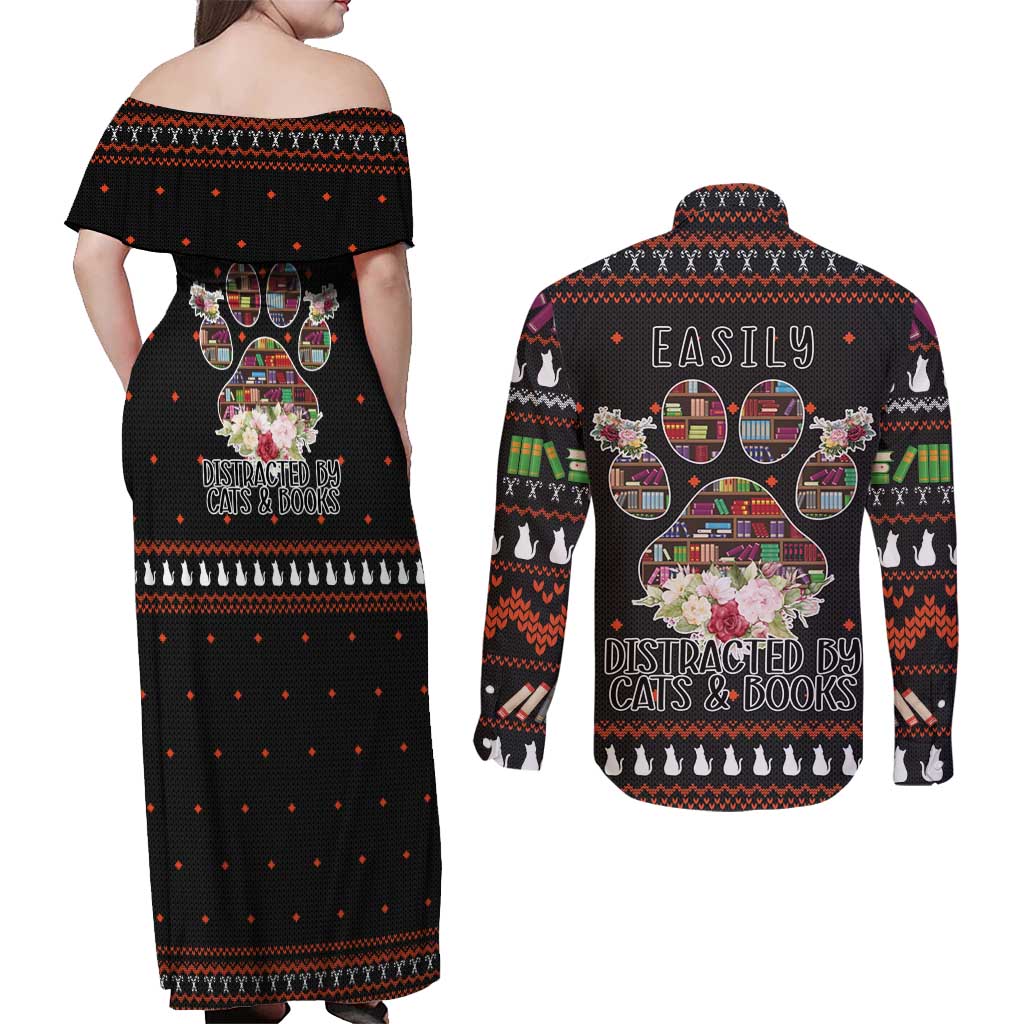 Cat And Books Christmas Couples Matching Off Shoulder Maxi Dress and Long Sleeve Button Shirt Xmas Holiday Patterns - Wonder Print Shop