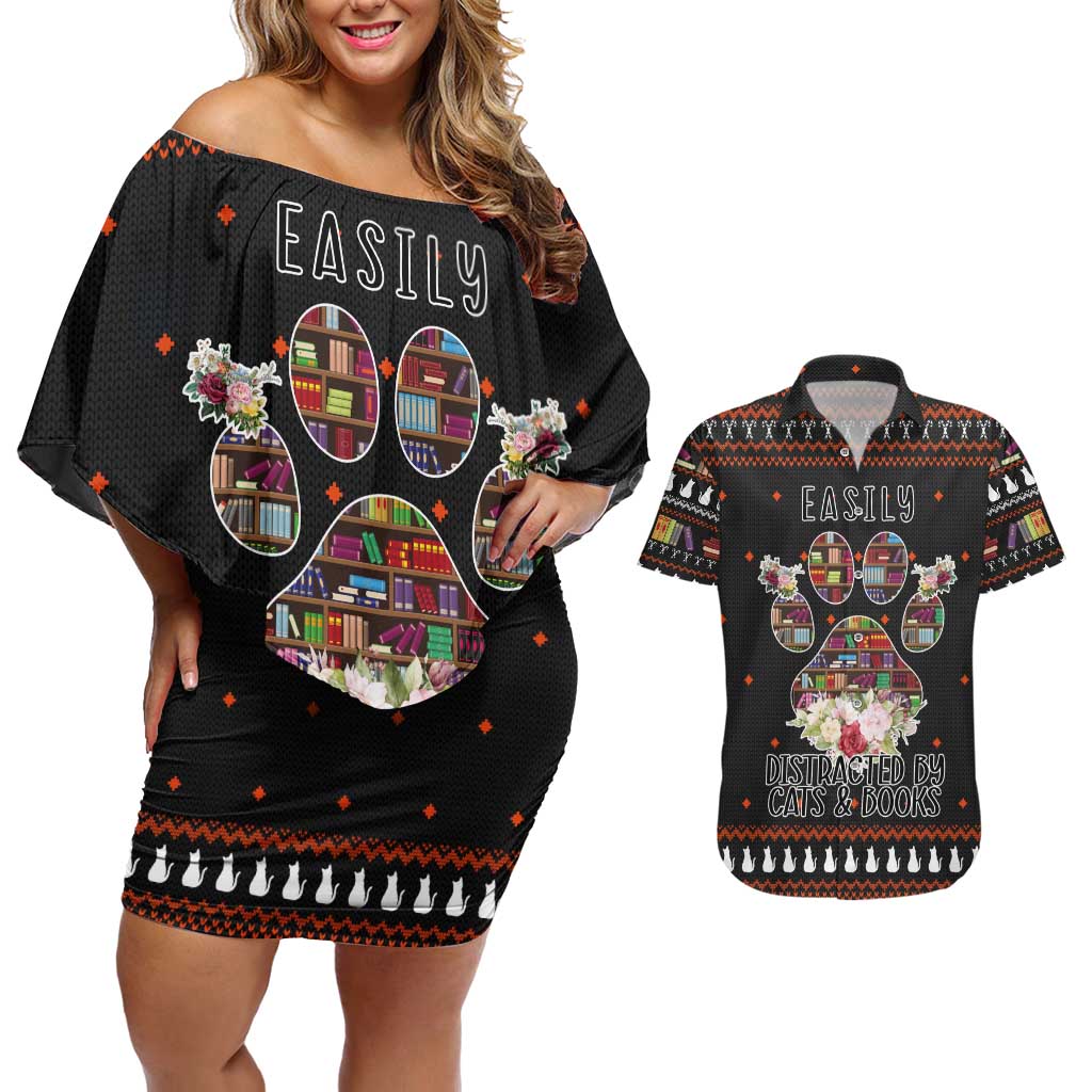Cat And Books Christmas Couples Matching Off Shoulder Short Dress and Hawaiian Shirt Xmas Holiday Patterns - Wonder Print Shop