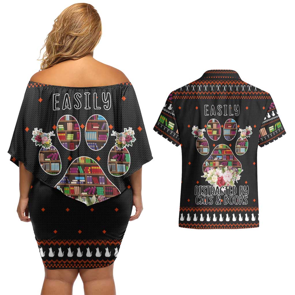 Cat And Books Christmas Couples Matching Off Shoulder Short Dress and Hawaiian Shirt Xmas Holiday Patterns - Wonder Print Shop