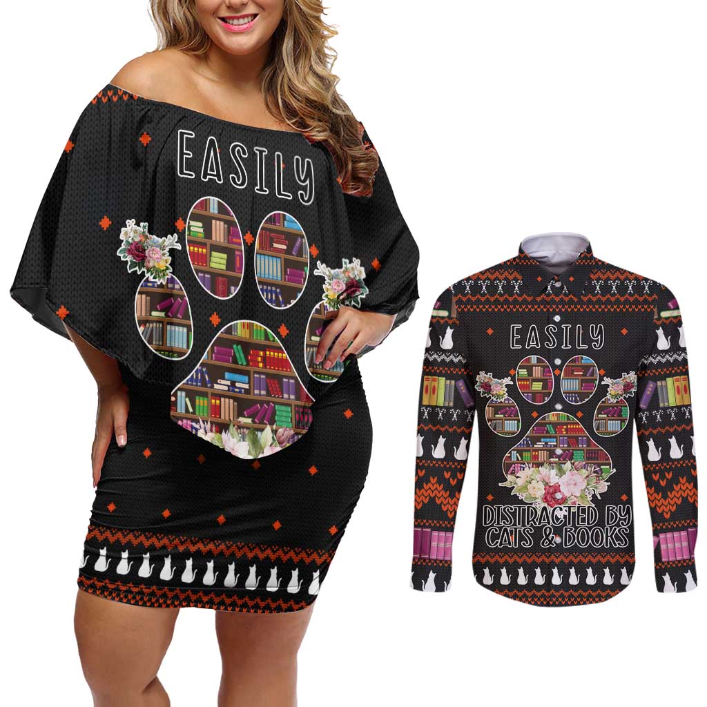 Cat And Books Christmas Couples Matching Off Shoulder Short Dress and Long Sleeve Button Shirt Xmas Holiday Patterns - Wonder Print Shop