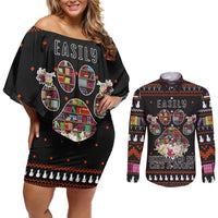 Cat And Books Christmas Couples Matching Off Shoulder Short Dress and Long Sleeve Button Shirt Xmas Holiday Patterns - Wonder Print Shop