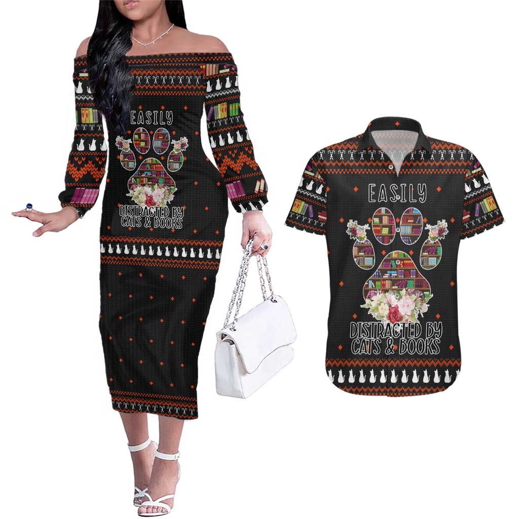Cat And Books Christmas Couples Matching Off The Shoulder Long Sleeve Dress and Hawaiian Shirt Xmas Holiday Patterns - Wonder Print Shop