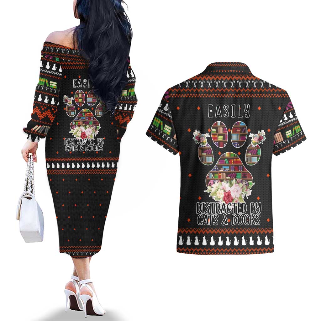 Cat And Books Christmas Couples Matching Off The Shoulder Long Sleeve Dress and Hawaiian Shirt Xmas Holiday Patterns - Wonder Print Shop