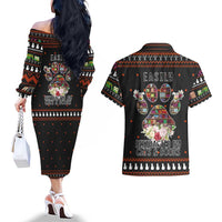Cat And Books Christmas Couples Matching Off The Shoulder Long Sleeve Dress and Hawaiian Shirt Xmas Holiday Patterns - Wonder Print Shop