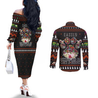 Cat And Books Christmas Couples Matching Off The Shoulder Long Sleeve Dress and Long Sleeve Button Shirt Xmas Holiday Patterns - Wonder Print Shop