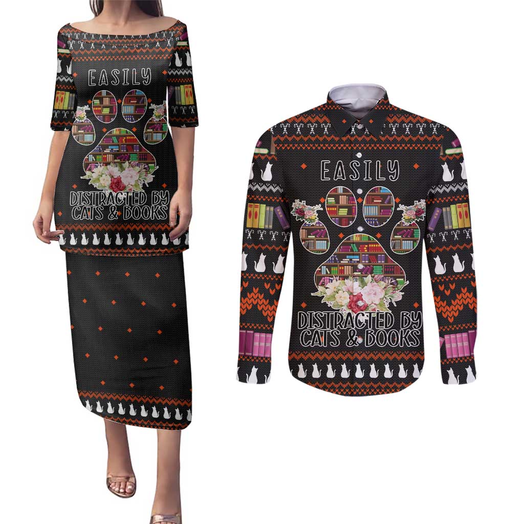 Cat And Books Christmas Couples Matching Puletasi and Long Sleeve Button Shirt Xmas Holiday Patterns - Wonder Print Shop